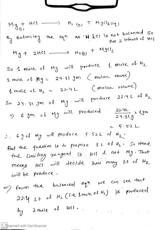 + HCl H₂ ) Mg st t Mgcl2(aq) Balancing the eqo as H&Ci is not balanced so Put a infront of the + Mgch Mg + 2HCl H29) so 1 mo