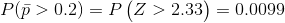 P(\bar{p}>0.2)=P\begin{pmatrix} Z >2.33 \end{pmatrix}=0.0099