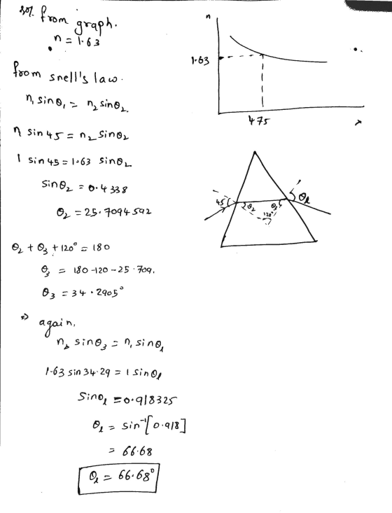sol from n=1-63 graph. 1.63 from m snells law. n, sino, an sino,. 475 n sin 45 = n2 Sino, I sin 45=1063 sind, sino, = 0.4 33