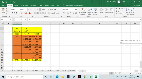 answer - Excel ARCHANA SINGH Х File Home Insert Page Layout Formulas Data Review View Help Tell me what you want to do 4 Shar