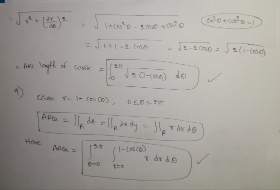 Jy J +cosmo - 2050 +sta? sa?@ +6020 =) =JI+1-2 caso = 32-2 COSO = 5261-coso » ARC length of cure = fet 12 Cl-coso) do) Cliven