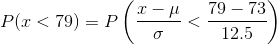 P(x < 79) = P\left ( \frac{x - \mu }{\sigma } < \frac{79-73}{12.5} \right )