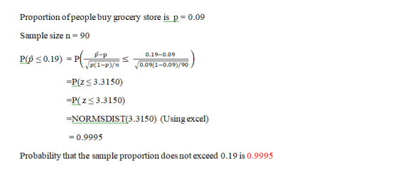 Proportion of people buy grocery store is p=0.09 Sample size n= 90 PP <0.19) = P1 PT P-p p(1-p)/n 0.19-0.09 0.09(1-0.09)/90 =