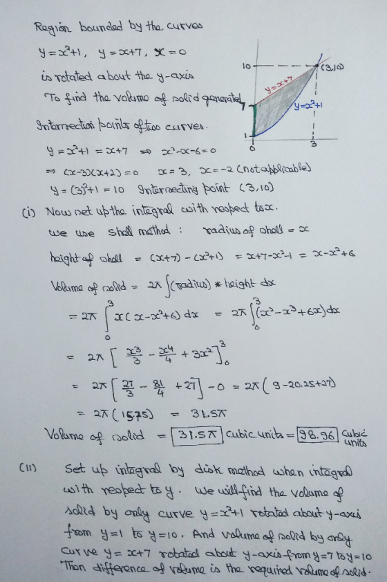 (3 ) Region bounded by the curves y=x+1, y = 3+1, X=0 is rotated about the y-axis To find the volume of solid generatel y =+