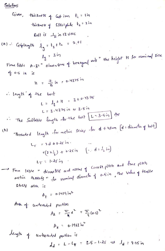 Solution Given, thickness of Cast iron t = lin thickuens of Steel plate kg = 2 in Bolt is in 13 UNC (a)! Griplength lg = 2.+1