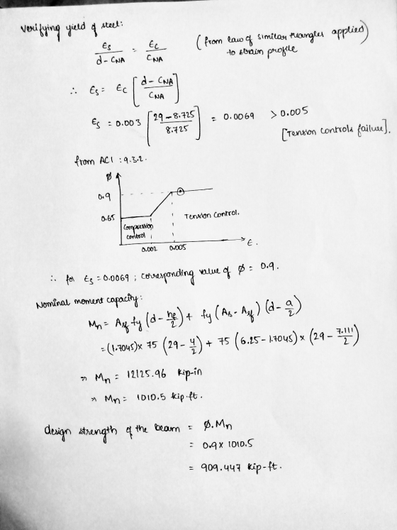 steel: verifying yield of tc ES d-CNA (from law of similar Mangles applies to strain profile CNA Es = Ec d- CNA CNA 0.0069 >0