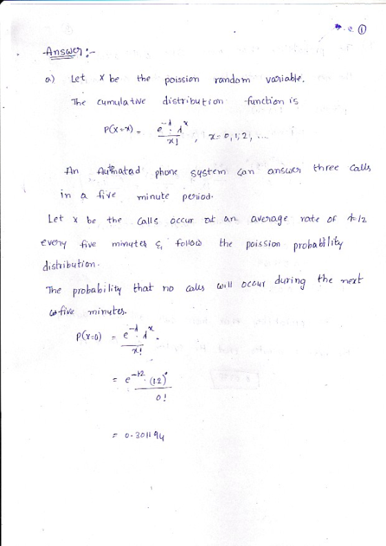 Ansarク:- a) tetx be the poisso rondom vaniable. The cumulate distr butinction is phone system a os three Cals a liVeninute p
