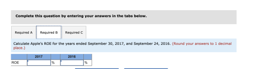 Complete this question by entering your answers in the tabs below. Required A Required B Required C Calculate Apples ROE for