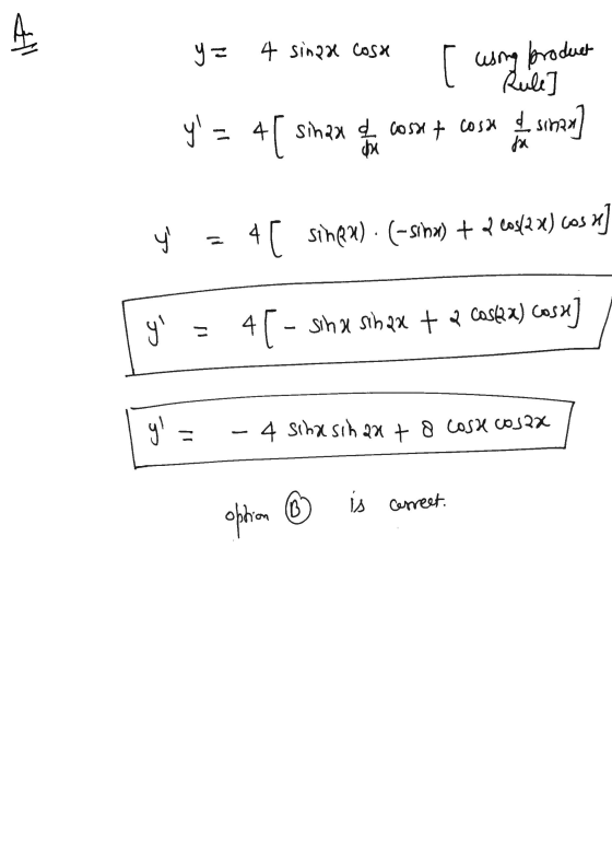 Ą [ using product y = 4 singu cosa Rule y = 4[ sinax cosx + cosa sidan OX fa y 4 C sinex). (-siDX) + Cost2x) Cosa y 47 - s