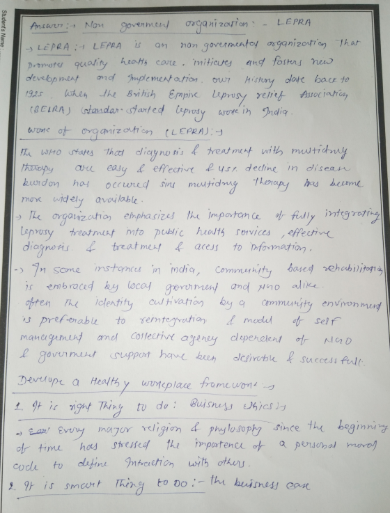 Students Name: Answer - Non goverment organization – LEPRA - LEPRA :- LEPRA is an non govermentey organization that promotes