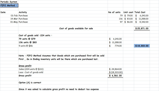Periodic System FIFO Method: Date Activity 01-Feb Purchase 14-Mar Purchase 01-May Purchase No of units Unit cost Total Cost 7