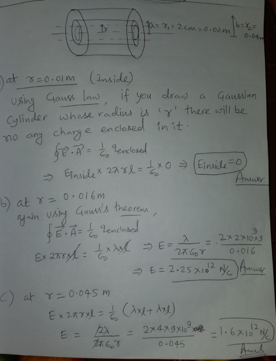 eamt at o-0.olm inside UghS Claws la。If you dran) a Gaussian ylindar whose radivs there ill be ary char e en closed in it 200 08 b) at 0.016m C) at γ 0.045 m /2λ 2ス4xgXlogo@-l. 6x. 12 ー o .045
