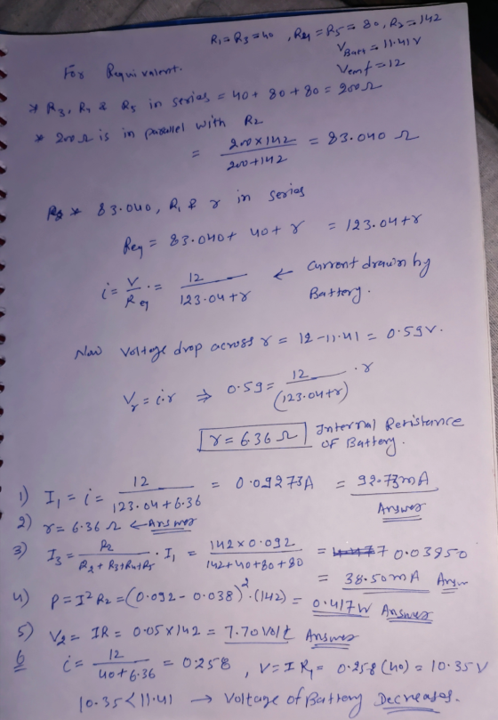valent. Ri= R3 = 40, Rey=85= 80, R2 = 142 V Bart = 11.4iv Vemf=12 =40+80+80=2002 y Rz, Ry & Rg in series 100+ 142 in series =