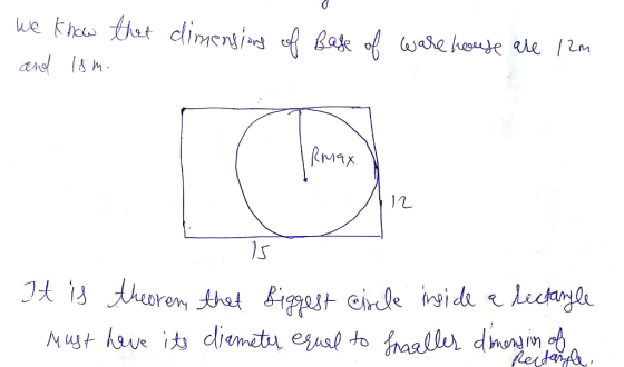 We know that dimensions of Base of ware house are 12m and Ism. RM9X 12 15. - It is theorem, that biggest circle inside a rect