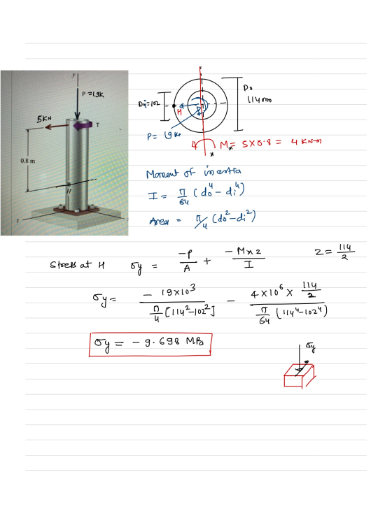 Palok OT Do lium Do-102 H 5KN T P = 1gkn 4h 4 KNm Mai SX0.8 = พ 0.8 m Moment of imestia H Is II (do - di) 84 Area = % (do ²