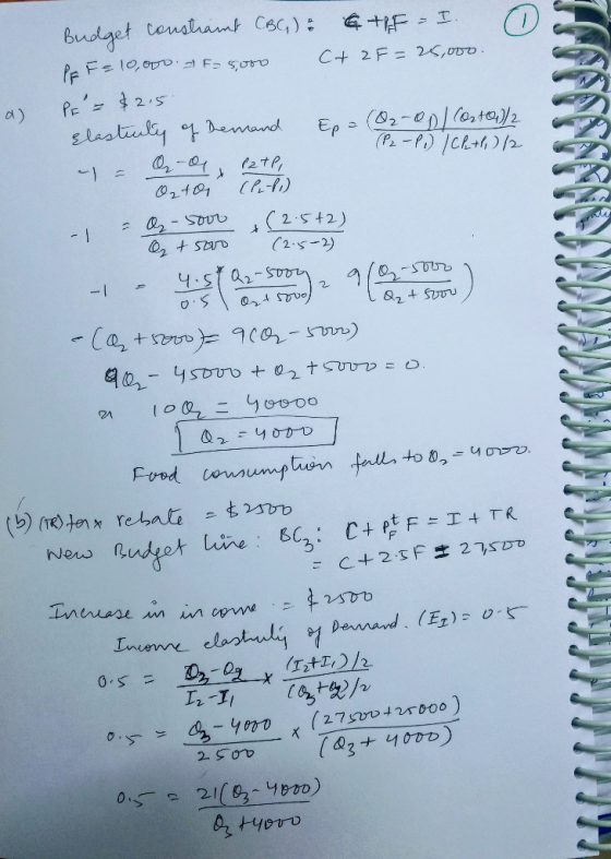 (P2 - P.) /CP+1)/2 Budget constraint CBC) & C F I Pe F = 10,000. a) Fa soro C+ 2F = 25,000 PE = $2.5 plastucty of Demand Ep =