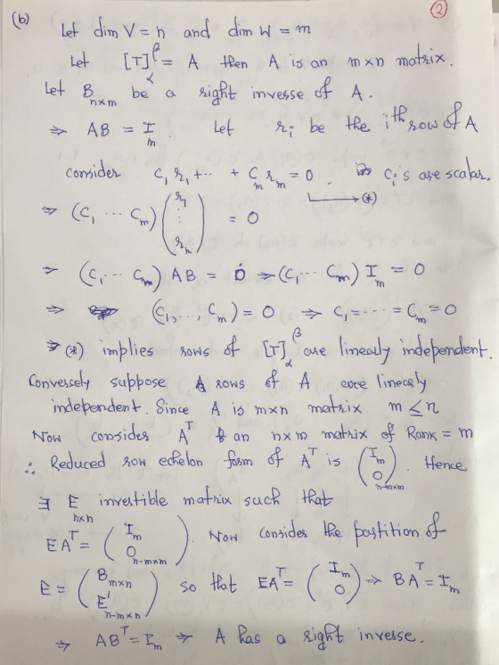 Let dim V- h and dim Wm ITJ=A en mxn motsix Let A is an Let B Pright invesse A. be nm A Let Rbe tRe i how AB Corider s ase sc