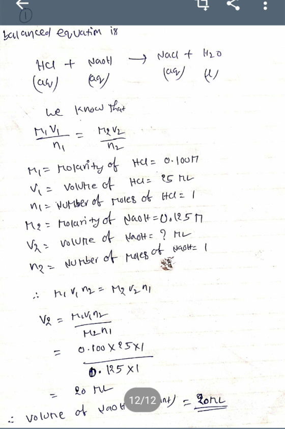 ų < : balanced equation is Nach + H2O (a) e Het Naoth (aw) (ar) - we know that ni nz Mi= rolarity of Hel= 0.1007 = volume of