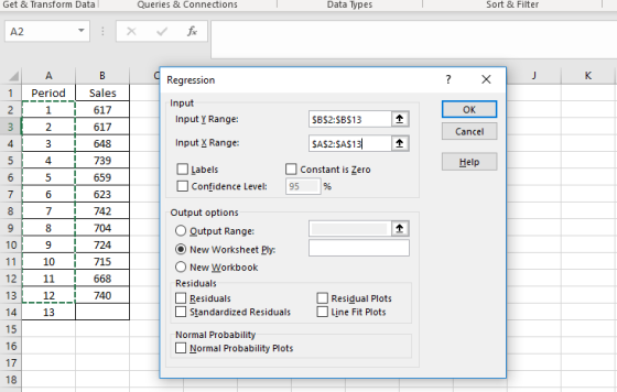 Get & Transform Data Queries & Connections Data Types Sort & Filter Regression 1 Period Sales Input i 617 617 648 739 659 6 i 623 I 742 8704 724 715 12 11 668 12 : 740 OK Input Y Range: SBS2:SBS13 SAS2:SAS13 Constant is Zero 2 Cancel 4 Input X Range: 4 Help Labels □Confidence Level: 95 % Output options O Qutput Range: O New Worksheet Ply ONew Workbook Residuals 10 Residuals LI Standardized Residuals Residual Plots □ Line Fit Plots 13 Normal Probability 16 17 18 Normal Probability Plots