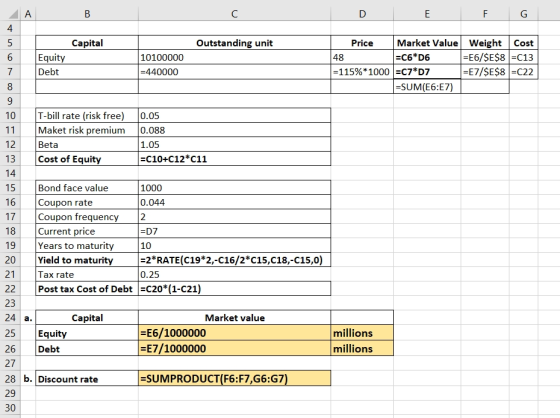 А в D E F G Capital Outstanding unit Equity 48 10100000 =440000 Price Market Value Weight Cost =C6*D6 =E6/$E$8 =C13 =115%*100