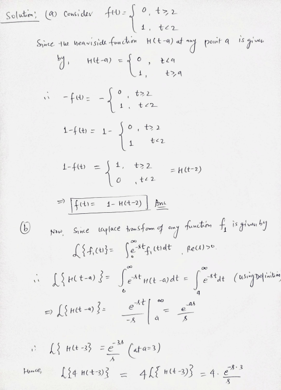 solution; (a) Consider fro=fo,t>,2 1, t12 Since the neariside fonction HCt-a) at tany H(t-a) tla point a is given by. 1 1 t>,