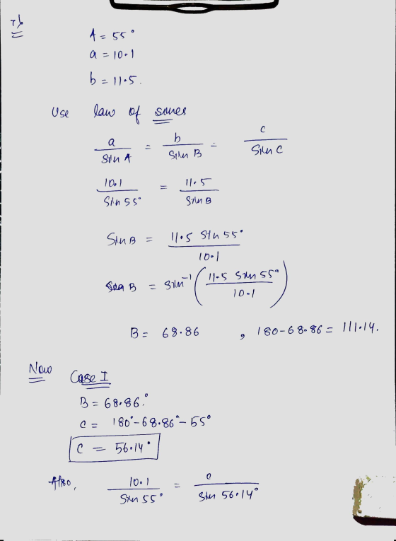 ملح A = 55° a = 1001 b=1105. Use law of sures C b a - Sinc Son A Silm B 10.1 11.5 sinsso San B SAMB 1105 Slu55° 1001 los san5