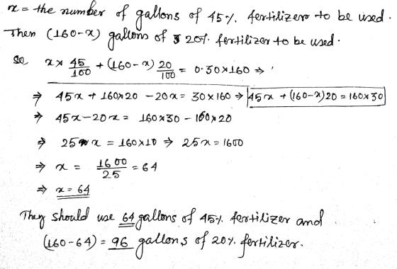 ne= the number of gallons of 45-7. fertilizers to be used Then (160-x) gallons of 3 207. fertilizer to be used: so ** 46 +(46