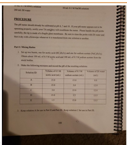 MLIM HNO, solution 260 ml. De water 30 mL 0.1 M NaOH solution PROCEDURE The pH meter should already be calibrated at pH 4, 7