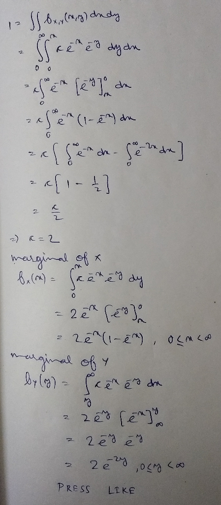 12 zase^(1-2) d up. marginal of x dy 2é^(1-ē^) , ocmco marginal of y PRESS LIKE