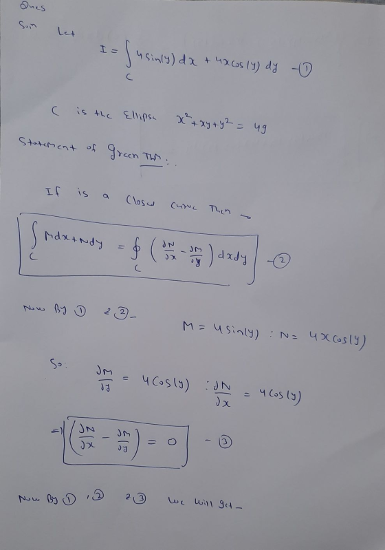 Ques let usinly) dx + 4XGsly) dy o usinly) dx + С is the Ellipsa x² + xy + y2 = ug Statement of Green The If is a Close Curve