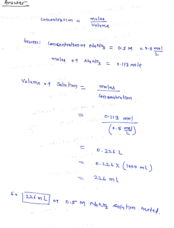 concentration = Volume Grcentnh叨어 NqN03 = こ丶.smi ven : 0-S M D. S mo 0.2.2 L 2 mL