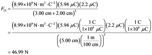 (8.99х10°N-m? -C?)(5.94 дС)(2.2 дС)
(3.00 ст +2.00 спm)*
13
дезию(,
(8.99х10° N-m*-C)(5.94 AC)x10° иС
C
1x10° дС
1m
(5.00 сm