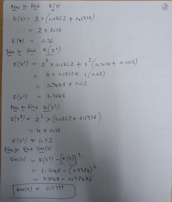 = Now to find E(y) E(Y) = 2 x (0.1862 + 0.1938) 2 x 0.38 E(4) 0.76 Now to find E(x²) E(X) 2 x 0.186 2 + 1 2 (0.3 0. 3038 + 0.