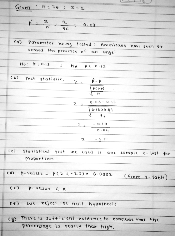 Given n: 76 ; X = 2 2 . 0.03 ca) Parameter being tested: sensed the presence of an Americans have seen or angel Ho: Þ -0.13 ;
