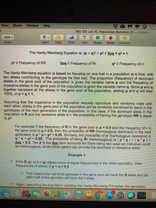 View Share Window Help 125% BIO 101 Lab 10, Population Genetics (1) - Edited T Chart Text Shape Media Comment Zoom Insert Tab