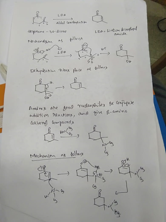 LDA . Aldol Condensation terptane - 2,6-dione LDA= Lithum dixoplop amide Mechandom as kou Le Dehydeation takex place as follo