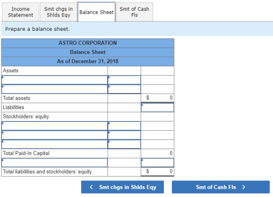 Income Statement Smt chgs in Shlds Egy Smt of Cash Balance Sheet Fls Prepare a balance sheet. ASTRO CORPORATION Balance Sheet