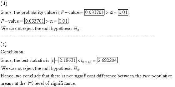 Since, the probability value is P-value = 0.033701 > a = 0.01 P-value = 0.033701 > a = 0.01). We do not reject the null hypot