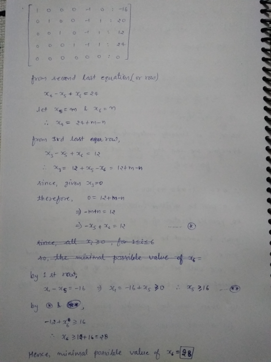 o O : -16 . 0 1 0 O - 1 1 O o 1 0 o O O o from second last equations (or row) X4 - x + x = 24 det som & a=n .. = 24tm-n from