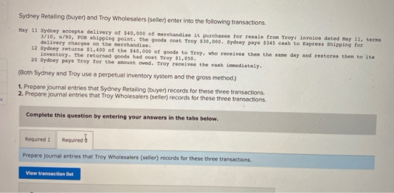 Sydney Retailing (buyer) and Troy Wholesalers (seller) enter into the following transactions. May 11 Sydney accepts delivery