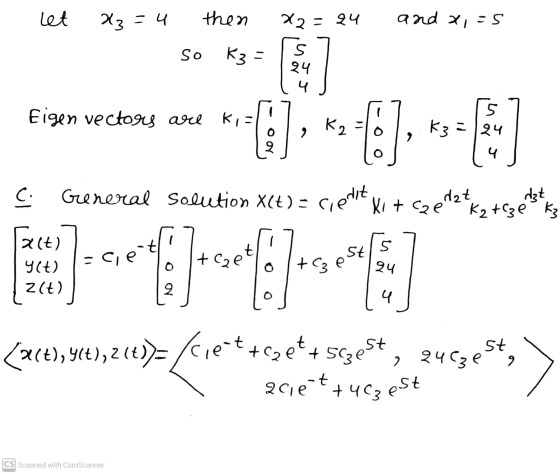 X3=4 General Solution X(t)= cerit, let then 22 = 24 and x,=5 S So K3 = 94 4 5 Eigen vectors are Kia K2 K3 =24 2 4 det Kitce K