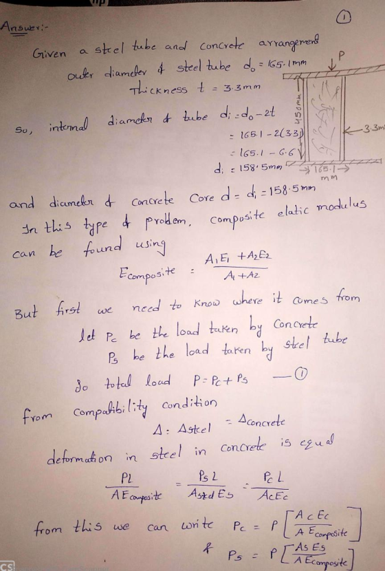 K = 3.3mm - wosh So, •3.3ml mm Answer:- O Given a steel tube and concrete arrangement outer diameter s steel tube do = 165.1