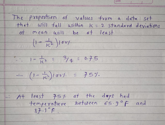 Date The proportion of values from a data set that will fall within within k=2 standard deviations of mean will be at least f