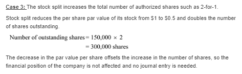 Case 3: The stock split increases the total number of authorized shares such as 2-for-1 Stock split reduces the per share par