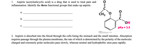 1. Aspirin acetylsalicyclic acid) is a drug that is used to treat pain and inflammation. Identify the three functional groups
