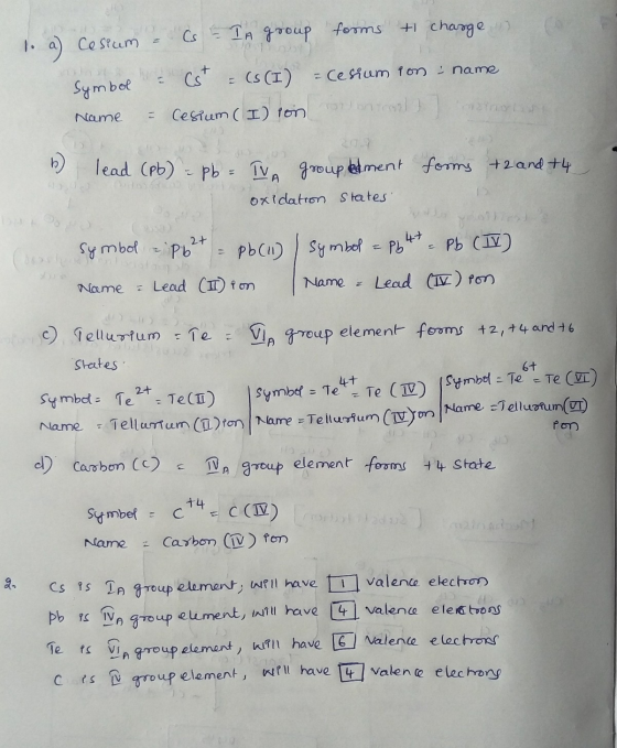 C = IA group forms t charge 1. a) Ceseum + -Cesium ion name Symbol (S(I) minal Name Cesium (I)ion b lead (Pb) = pb= TVA group