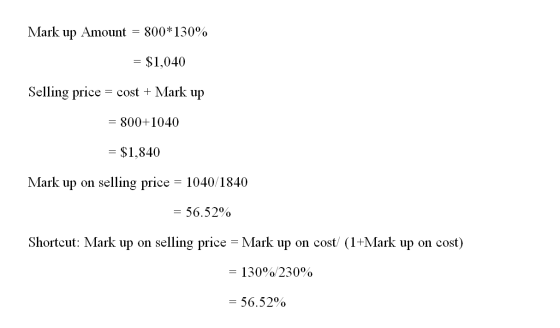 Mark up Amount = 800*130% = $1,040 Selling price = cost + Mark up = 800+1040 = $1,840 Mark up on selling price = 1040/1840 =