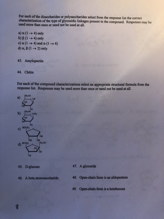 For each of the disaccharides or polysaccharides select from the response list the correct characterization of the type of gl