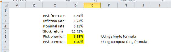 A B C D E F G H I Risk free rate Inflation rate Nominal rate Stock return Risk premium Risk premium 4.84% 1.23% 6.13% 12.71%