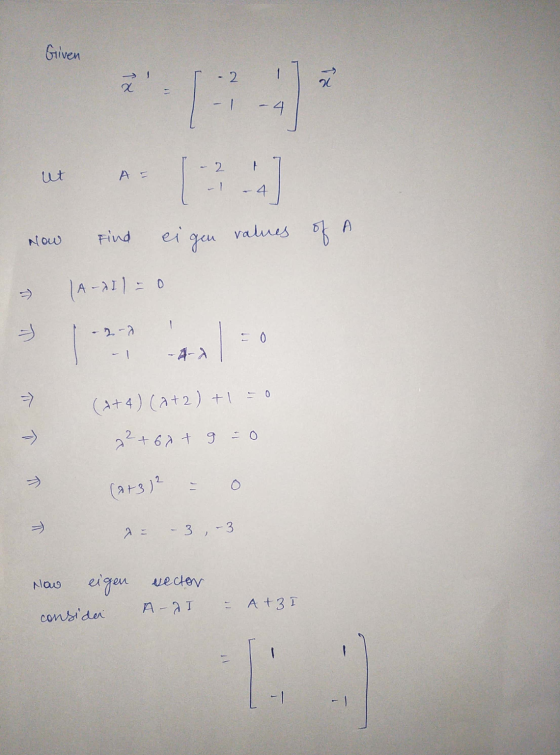 Given el - 2 20 - 1 -4 ut O E 4 Find A values Now of ei gen >> (A-I ) - 0 ㅂ - - 0 -A- (4+4) (0+2) + 1 = 0 - 2²+67+ g = 0 T (+